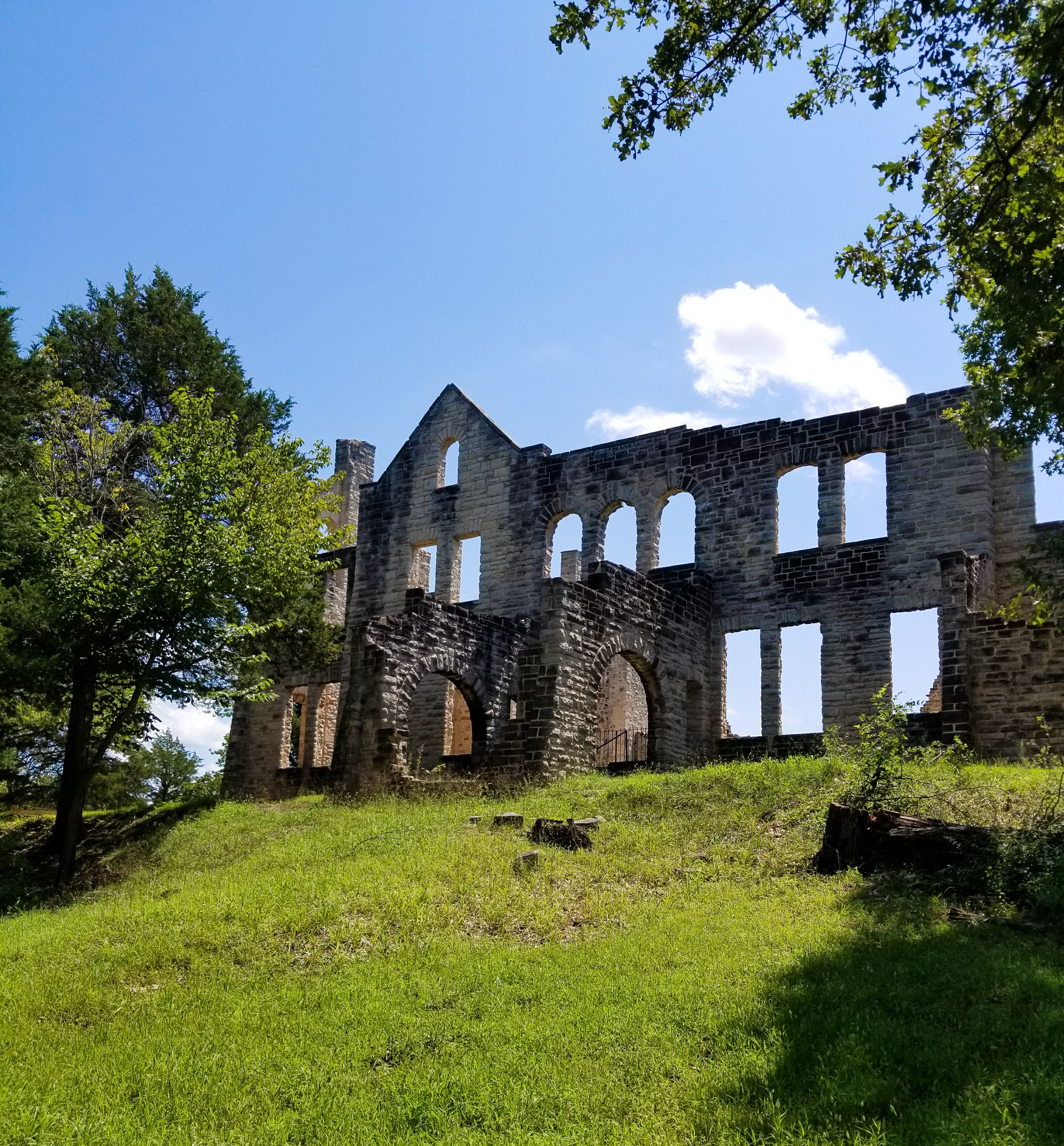 looking up at castle ruins.