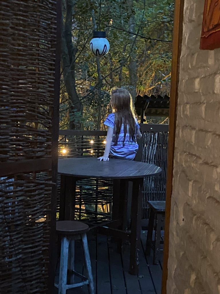a girl sitting on a deck in the jungle
