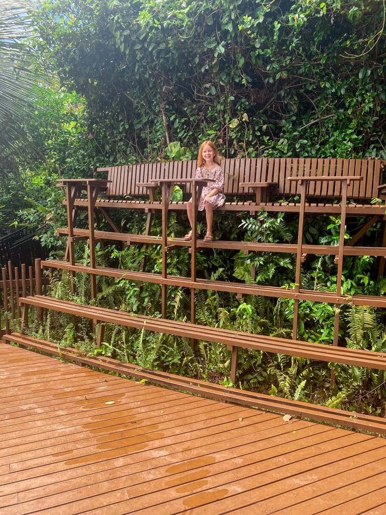 a girl sitting on tall bleachers in the jungle
