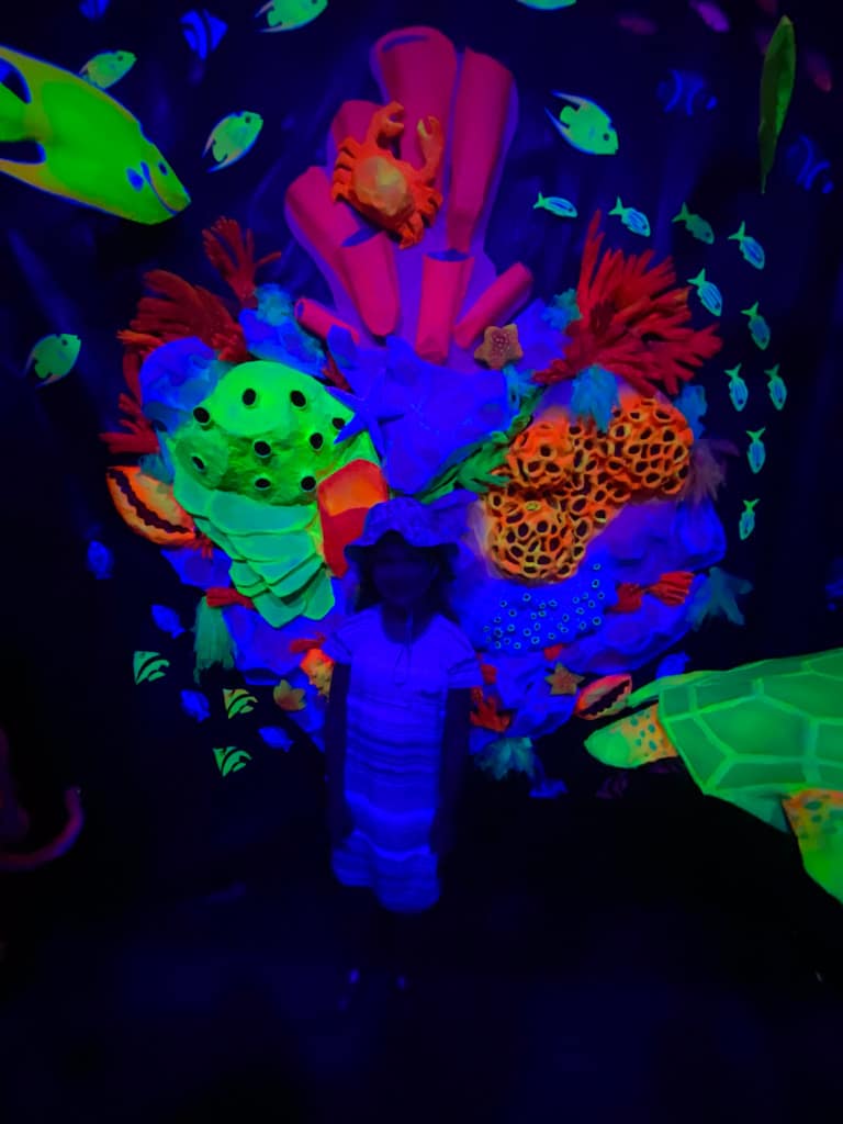 a girl in a neon under water exhibit at eco park pipa beach
