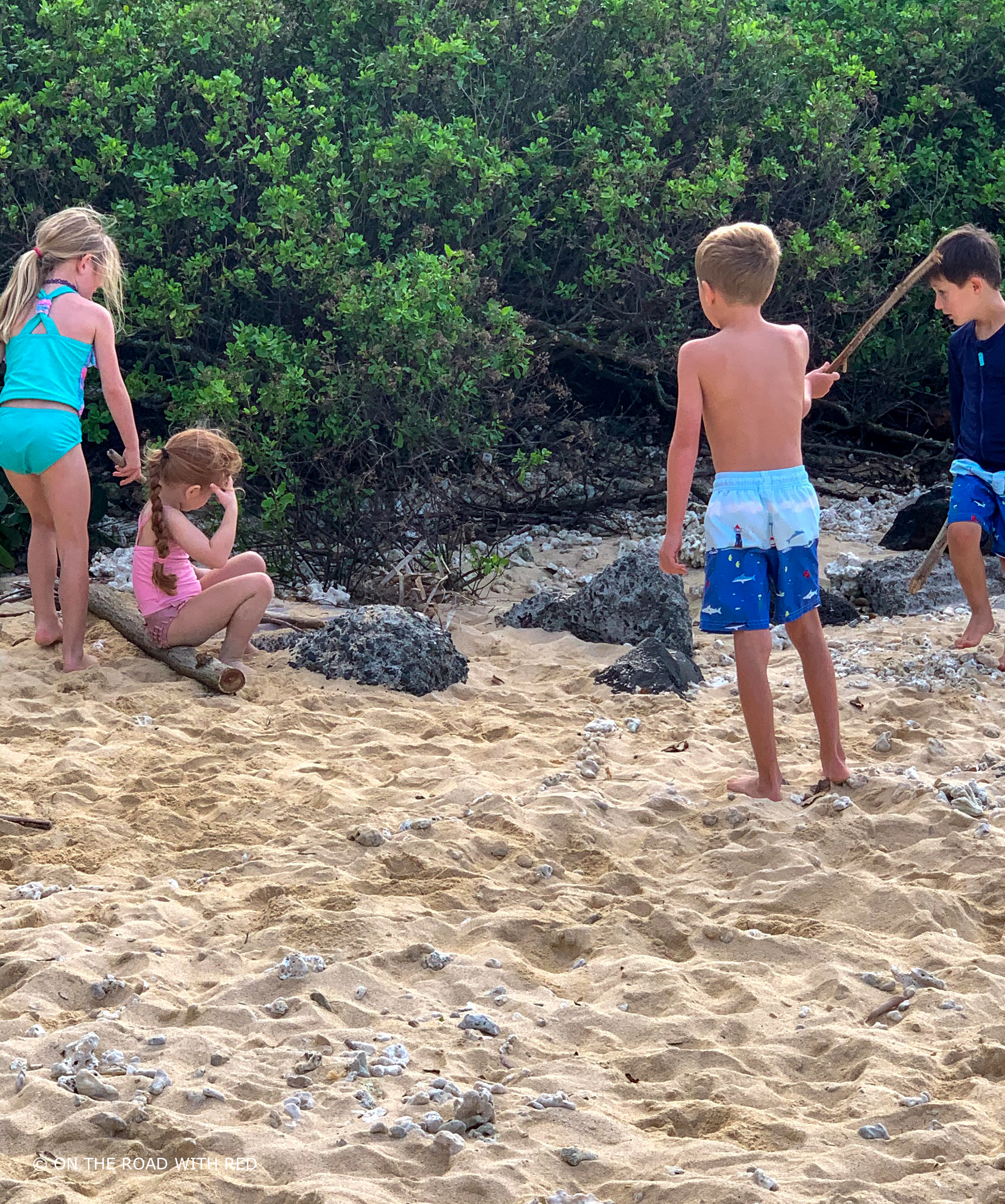 children playing in sand with sticks